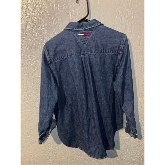 Vintage 90s Tommy Hilfiger Patchwork Denim Buffalo Plaid Button Down Shirt - Picture 3 of 3